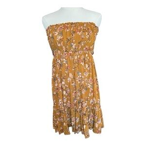 🆕 NWOT Lush camel (dark mustard yellow) floral strapless midi dress – size M